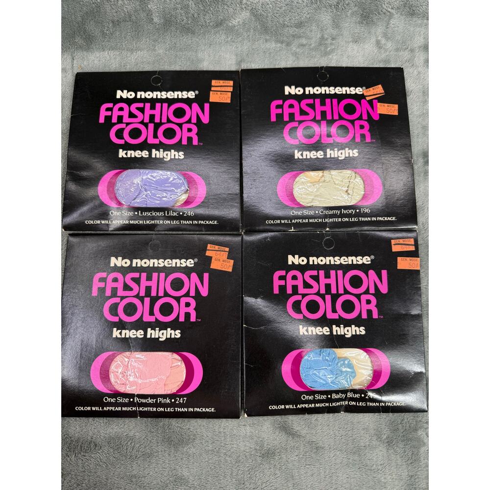 No Nonsense NOS Sealed Lot 4 Fashion Color Knee Highs Lilac Pink Blue Ivory 80s